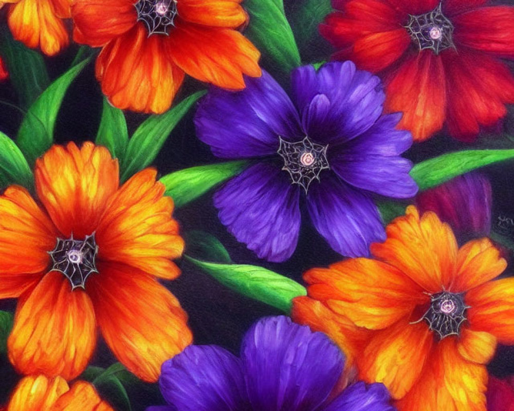 Colorful orange and purple flower painting on dark background with rich textures.