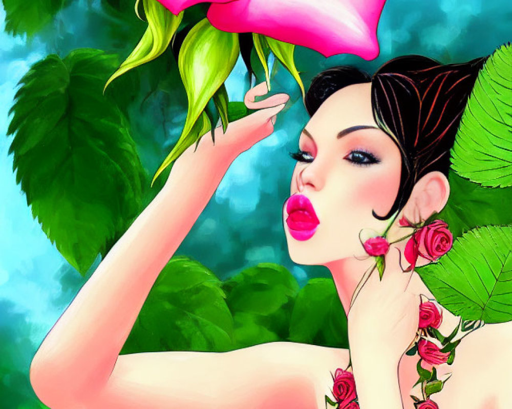 Illustration of woman with rose makeup and tattoos reaching for giant pink rose on turquoise background