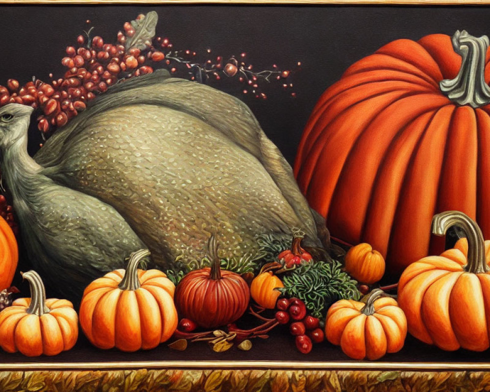 Traditional Still Life Painting with Plump Turkey and Pumpkins