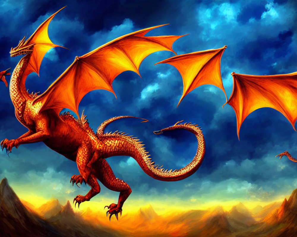 Majestic dragon with outstretched wings on mountain peak at sunset