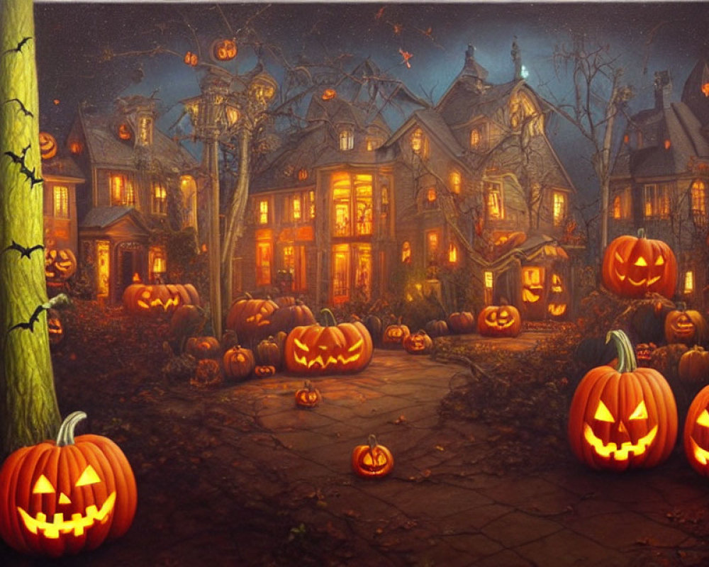 Spooky Halloween scene with carved pumpkins, haunted house, bats, and eerie night sky