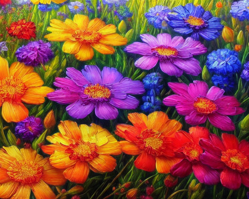 Colorful Flower Field Painting with Detailed Brushwork