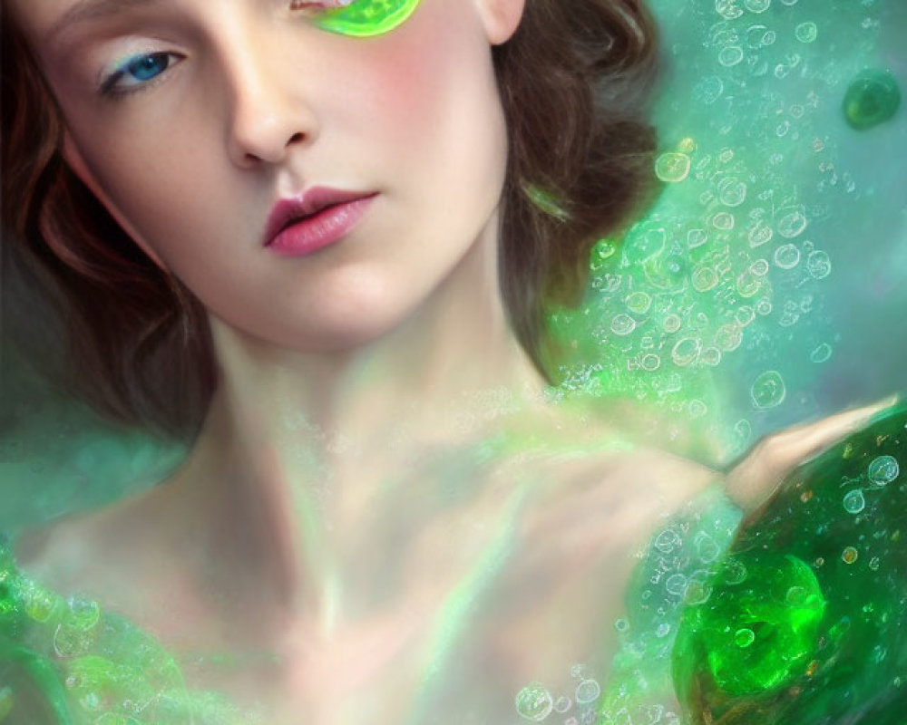Ethereal woman surrounded by green bubbles and a large bubble over her eye