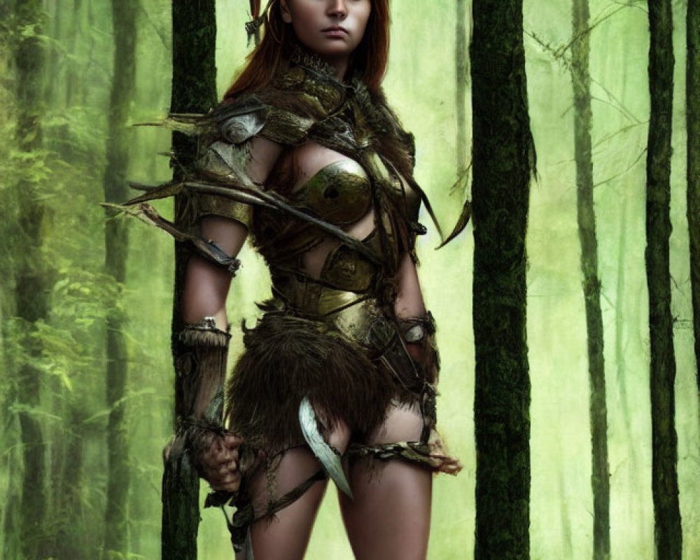 Young woman in forest-themed tribal warrior attire with feathers and fur, holding a staff in green woods.