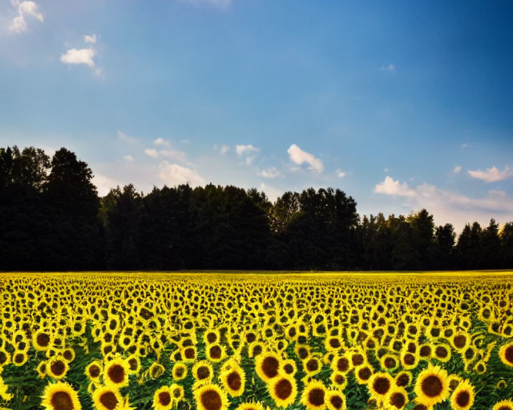 Vibrant sunflower field under clear blue sky and bright sun.