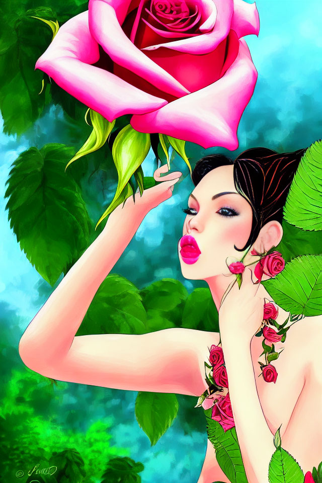 Illustration of woman with rose makeup and tattoos reaching for giant pink rose on turquoise background