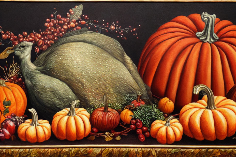 Traditional Still Life Painting with Plump Turkey and Pumpkins