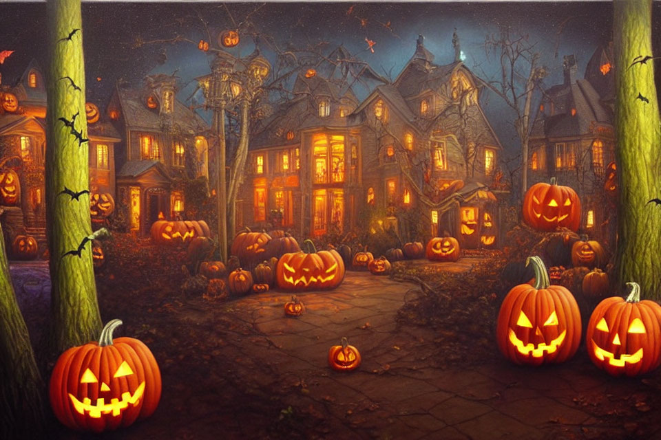 Spooky Halloween scene with carved pumpkins, haunted house, bats, and eerie night sky