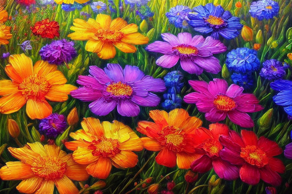 Colorful Flower Field Painting with Detailed Brushwork
