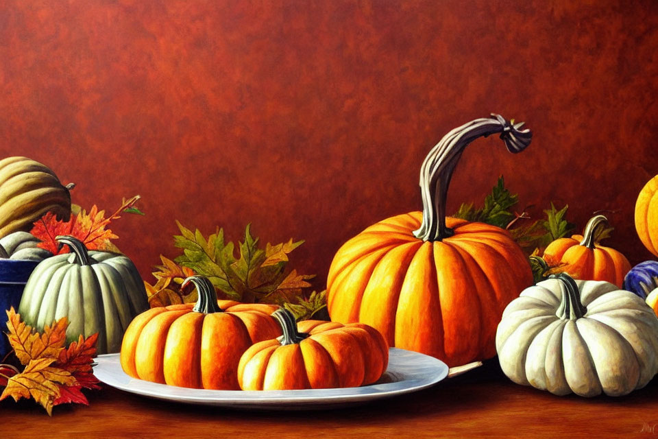 Colorful Pumpkins and Autumn Leaves Still Life Painting