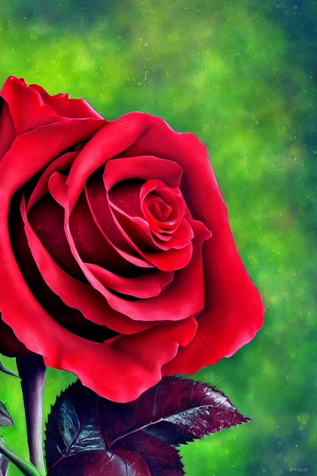 Detailed Red Rose with Green Leaves on Soft-focus Background