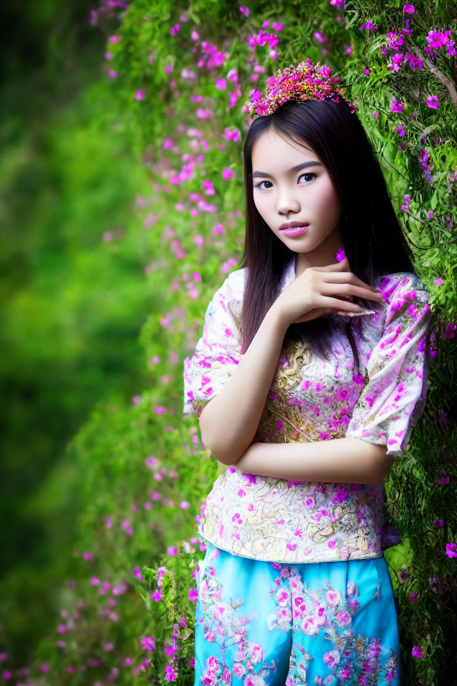 Traditional Asian Attire Young Woman by Greenery and Pink Flowers