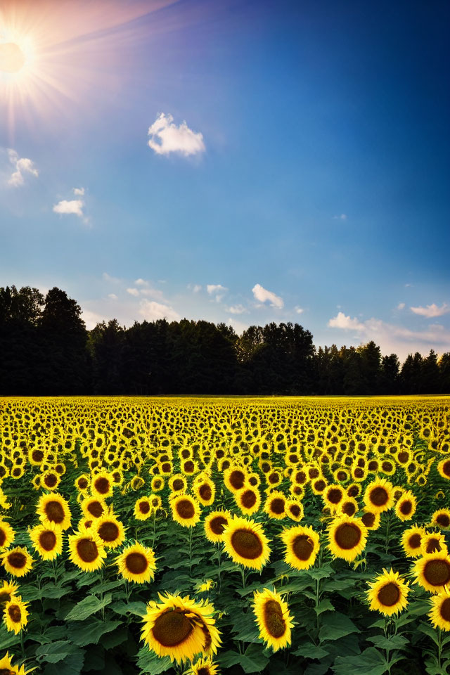 Vibrant sunflower field under clear blue sky and bright sun.