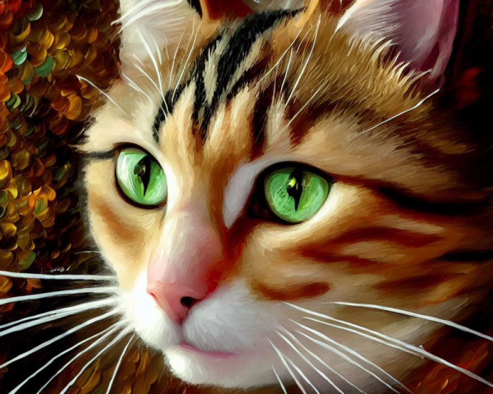 Detailed digital painting of orange and white cat with green eyes and whiskers