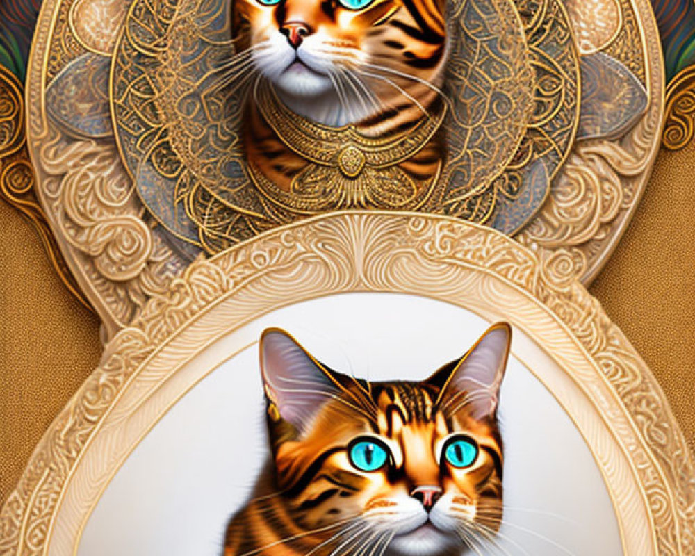 Vibrant digital artwork: Regal Bengal cats with blue eyes in golden mandala