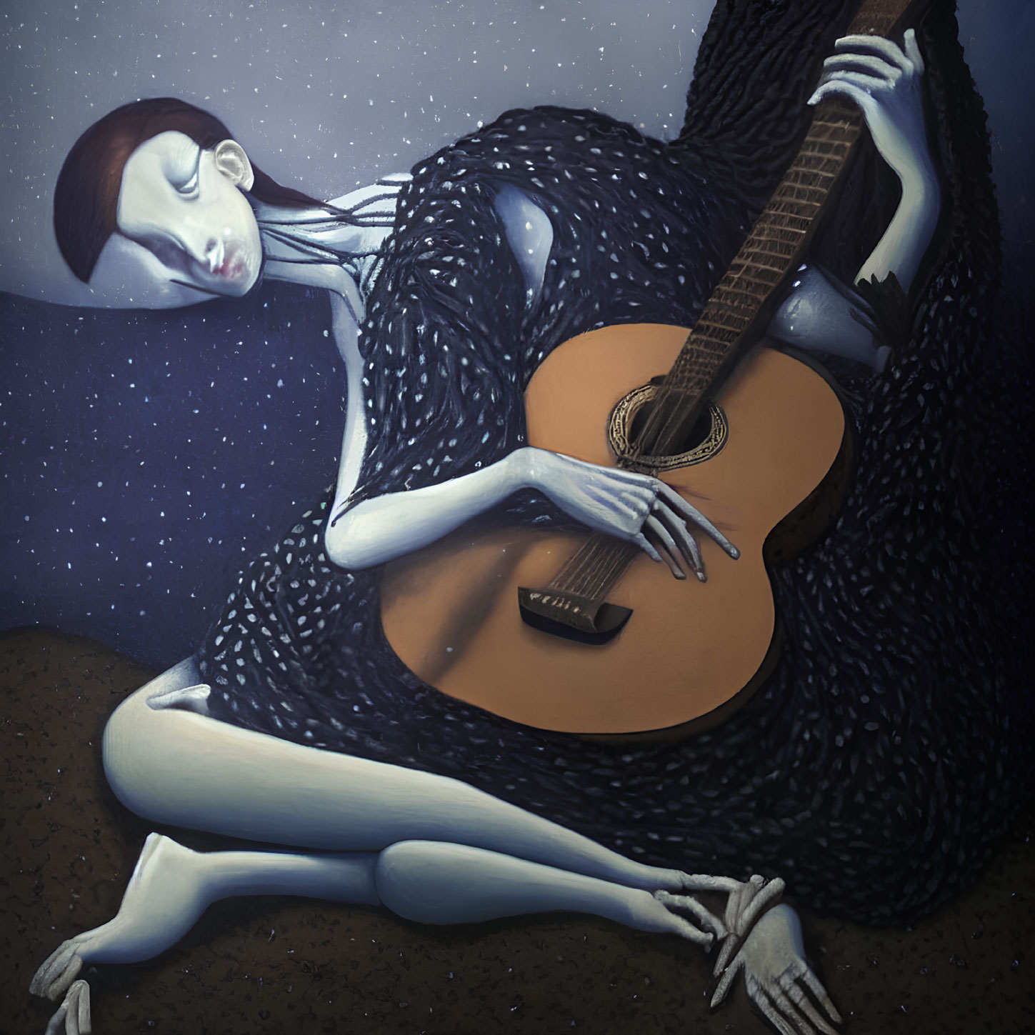 Surreal painting of person with dark hair fused with guitar in night setting
