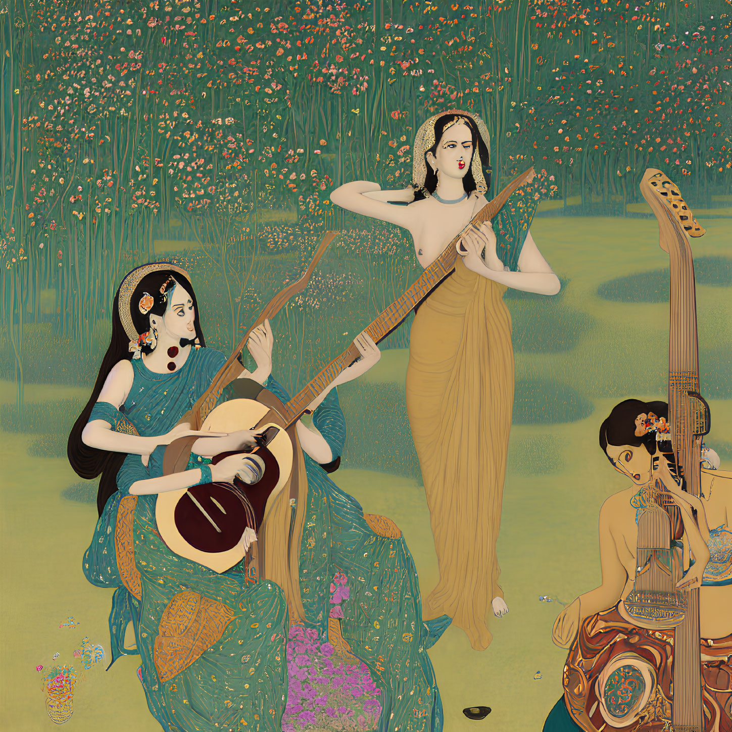 Three Women Playing Stringed Instruments in Flowery Meadow in Classical Attire