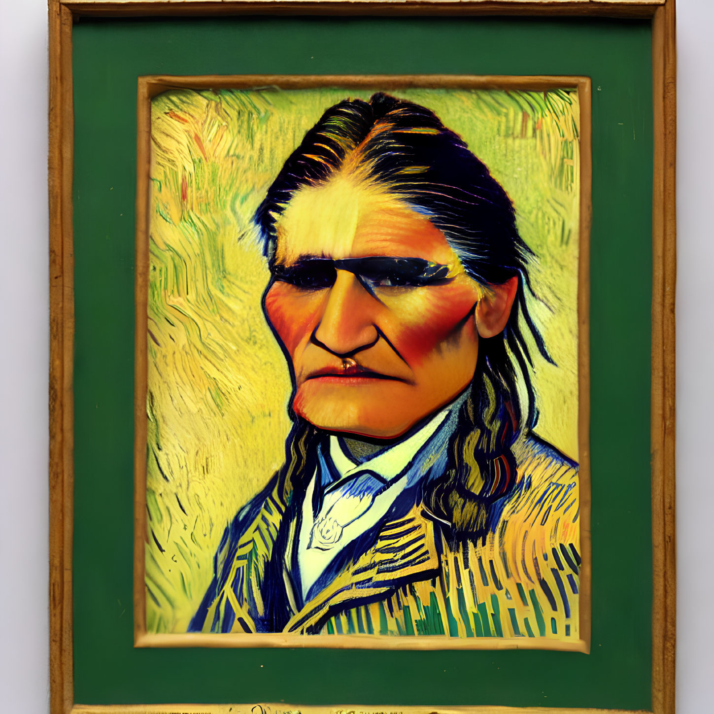 Stylized Native American man portrait in green frame with Van Gogh background