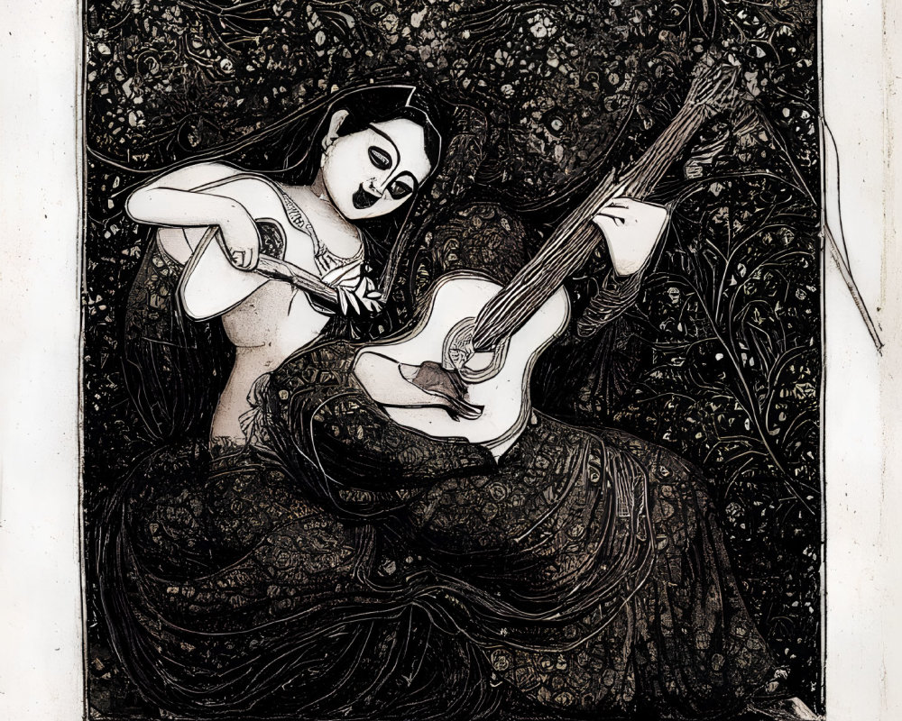 Illustration of Woman Playing Guitar with Floral Background