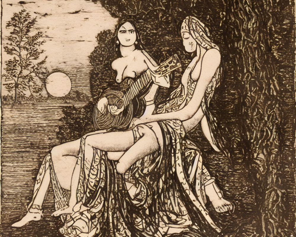 Two women in etching style with guitar, by tree, landscape, sun/moon.