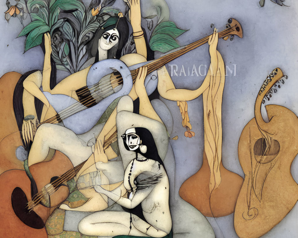 Illustration of two stylized figures with guitars and plants, one playing guitar