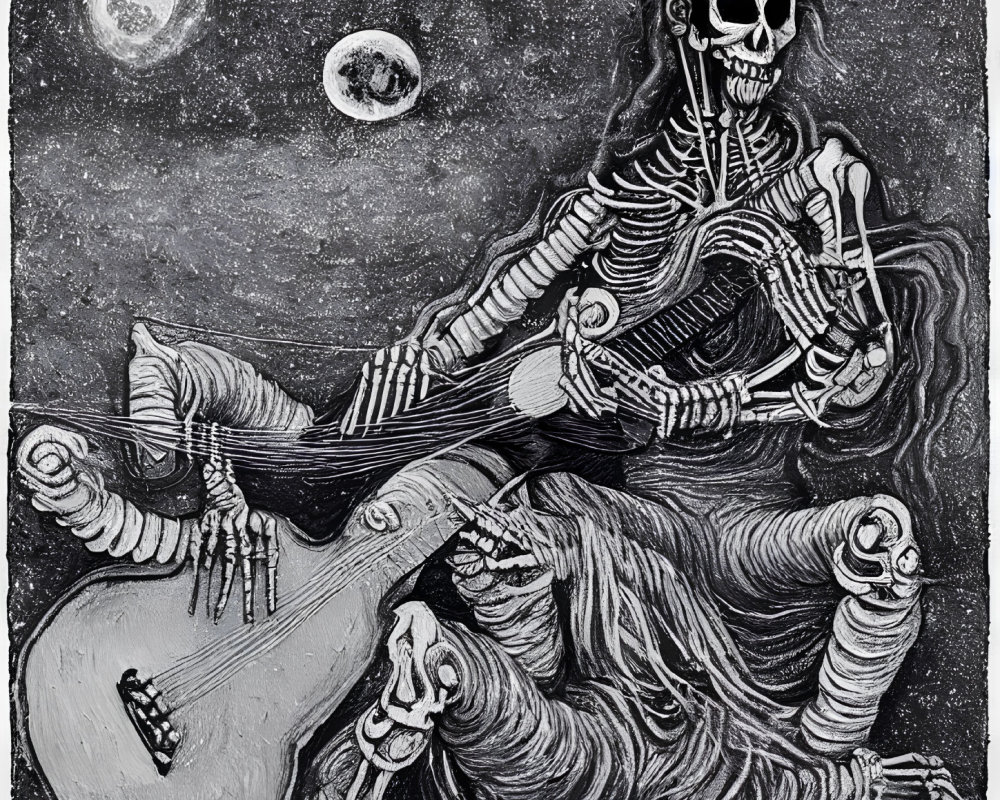 Skeletal figure with guitar under celestial sky