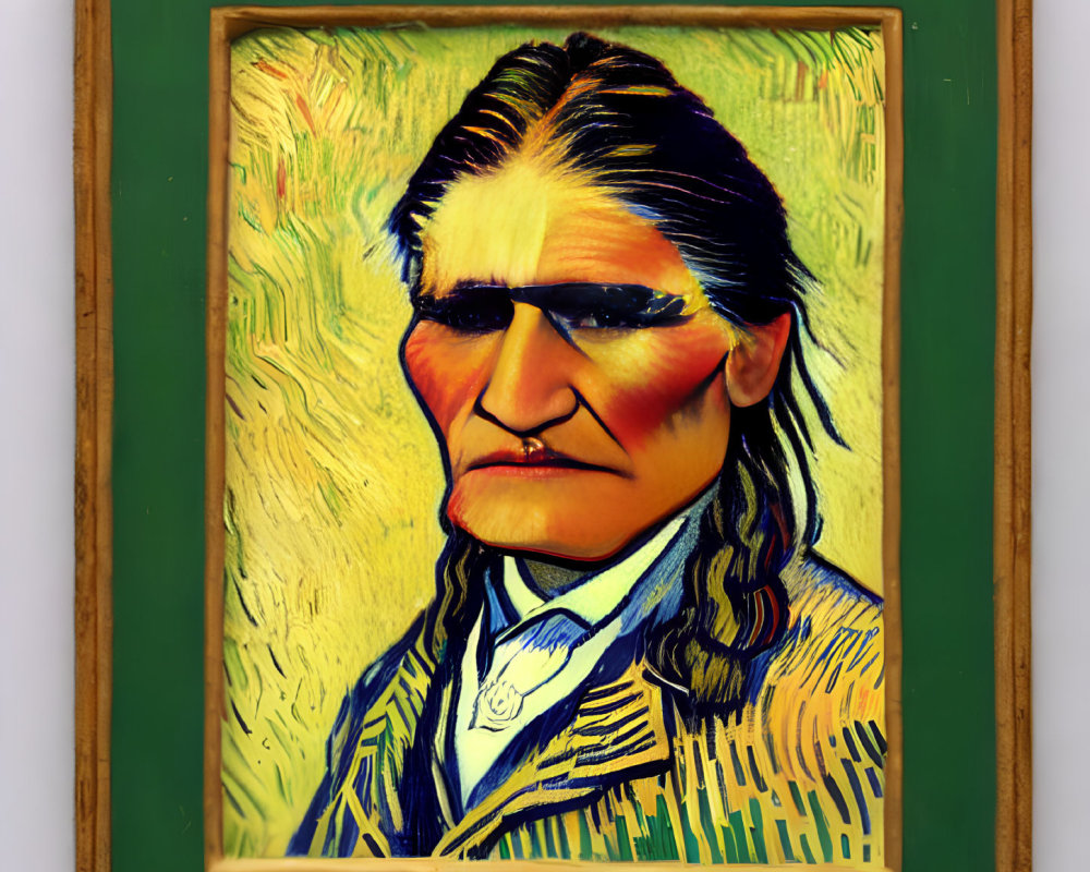 Stylized Native American man portrait in green frame with Van Gogh background