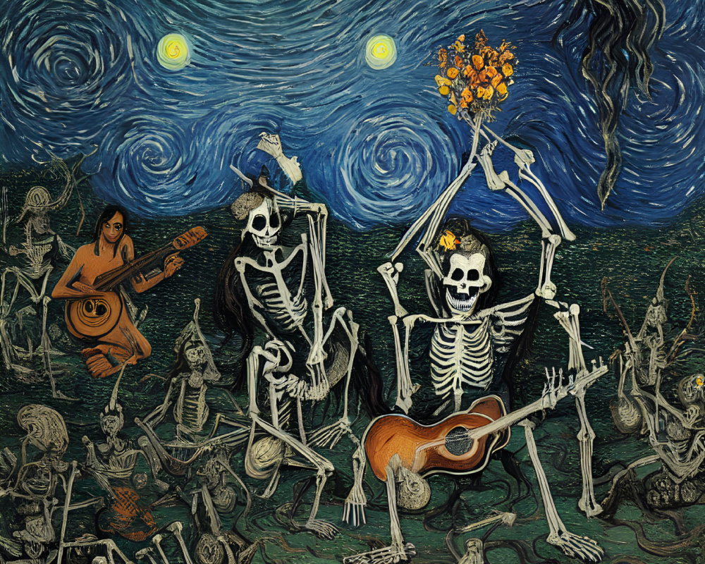 Whimsical reinterpretation of "Starry Night" with dancing skeletons