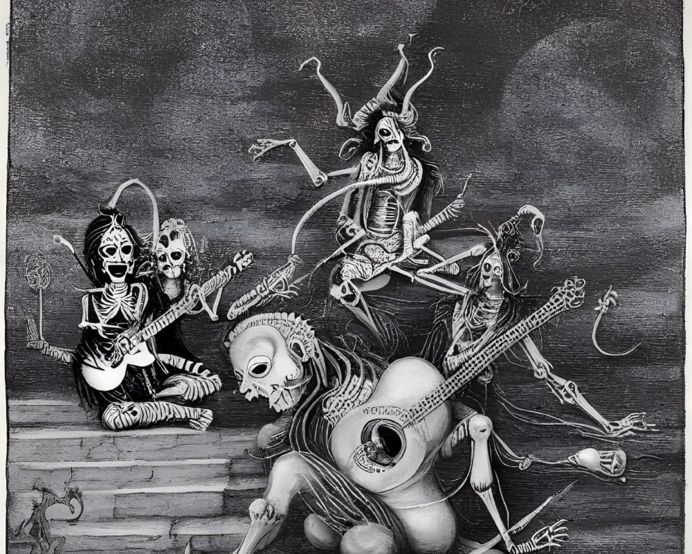 Monochrome illustration of skeleton figures playing musical instruments