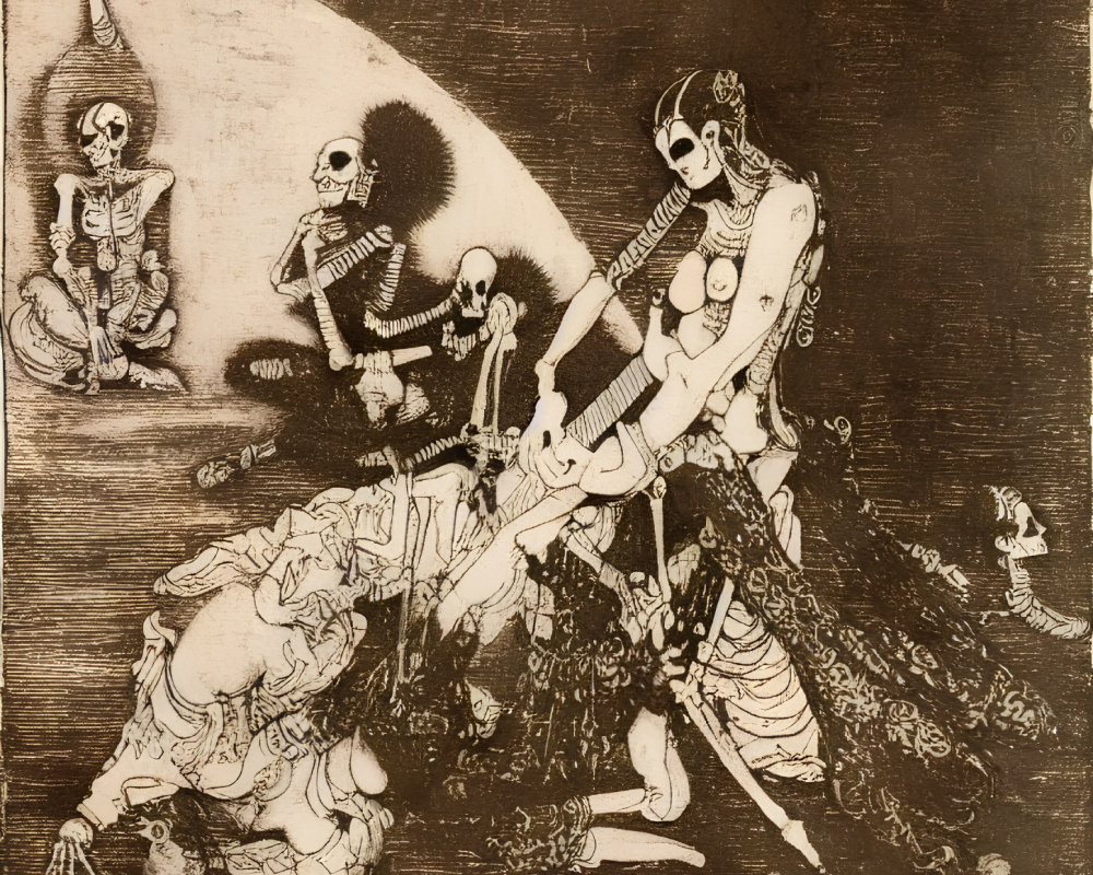 Detailed Etching: Macabre Skeleton Dance with Stringed Instrument