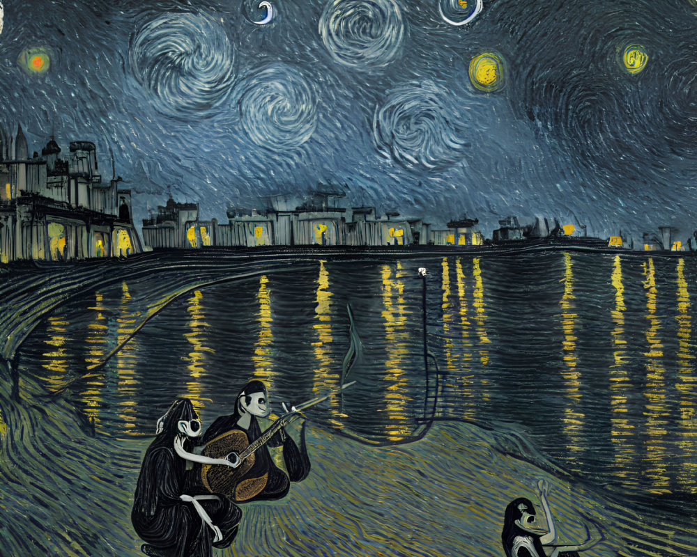 Nighttime riverbank scene with musicians, starry sky, and cityscape reflection.