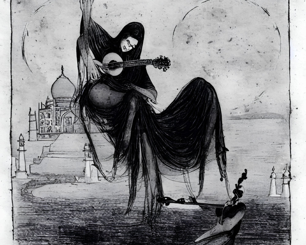 Monochromatic illustration of cloaked figure playing guitar with Taj Mahal backdrop and small figure on boat