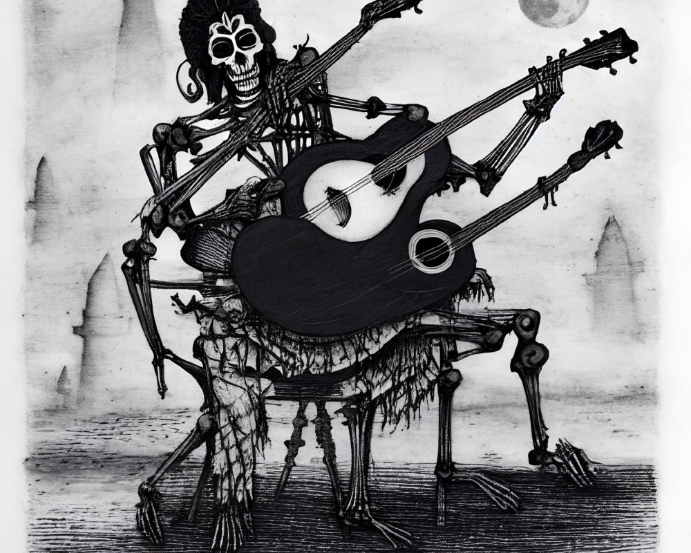 Skeleton with multiple arms playing guitars in graveyard under full moon