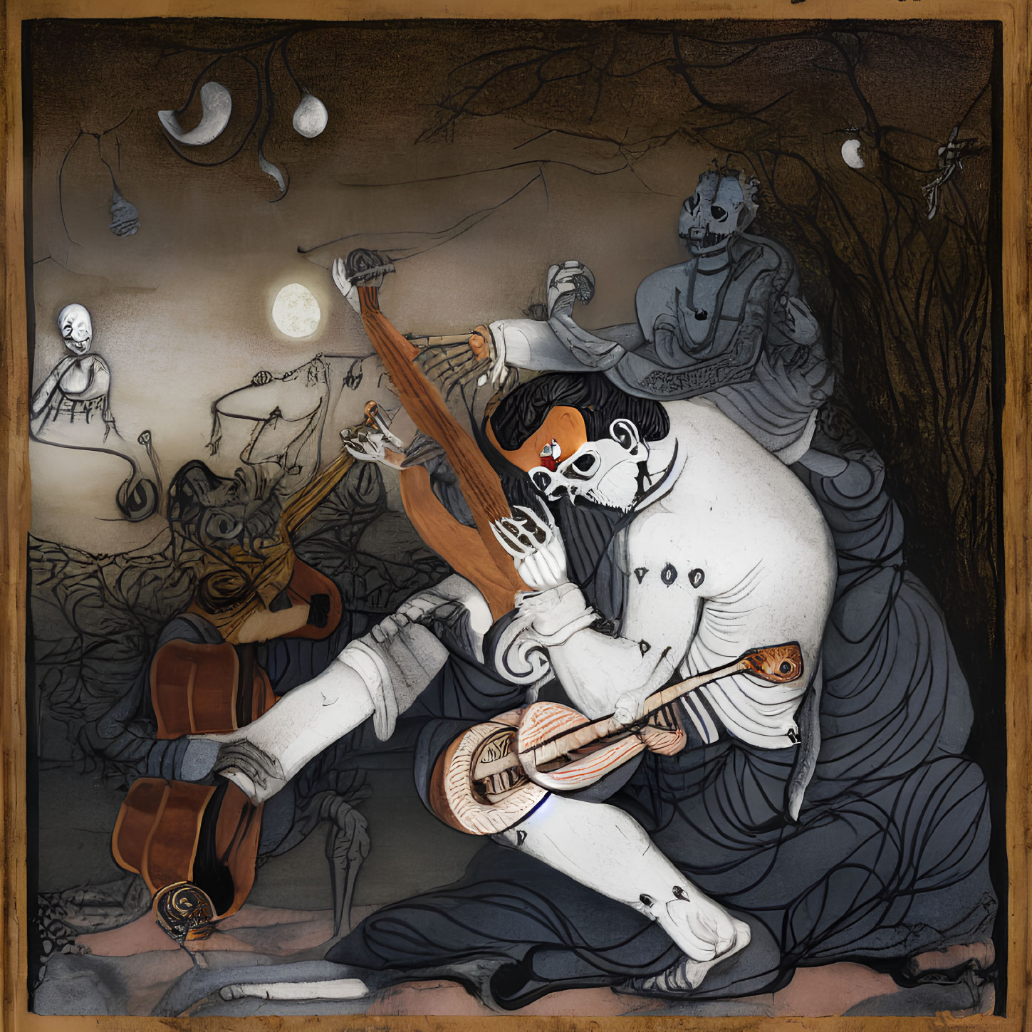 Skeletal Musicians Playing String Instruments in Dark Forest