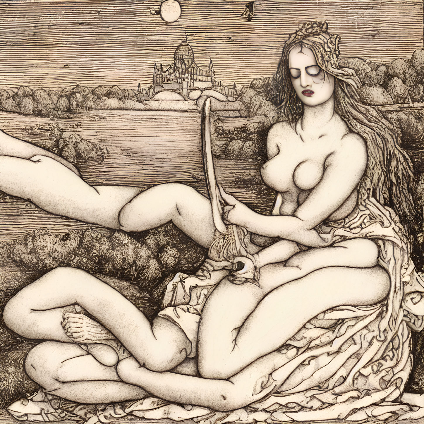 Sketch of reclining nude female figure with sickle in nest-like setting.