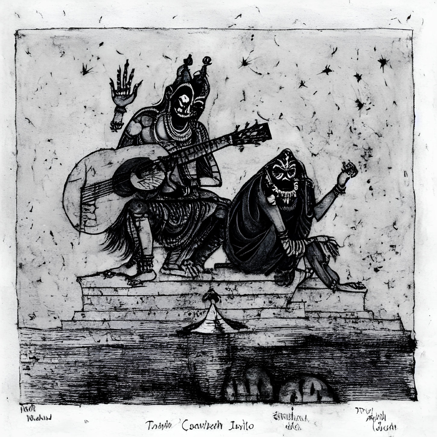 Monochrome illustration of two stylized figures with guitar and cloak on platform under starry sky