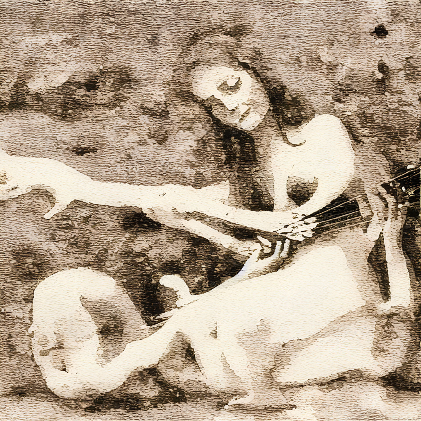 Vintage sepia-toned image of woman playing stringed instrument