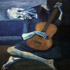 Surreal painting of person with dark hair fused with guitar in night setting