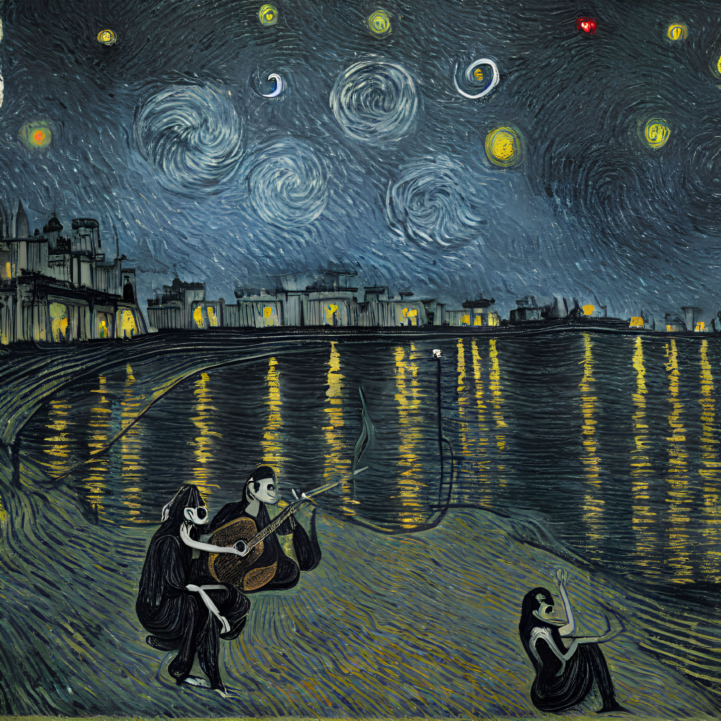 Nighttime riverbank scene with musicians, starry sky, and cityscape reflection.