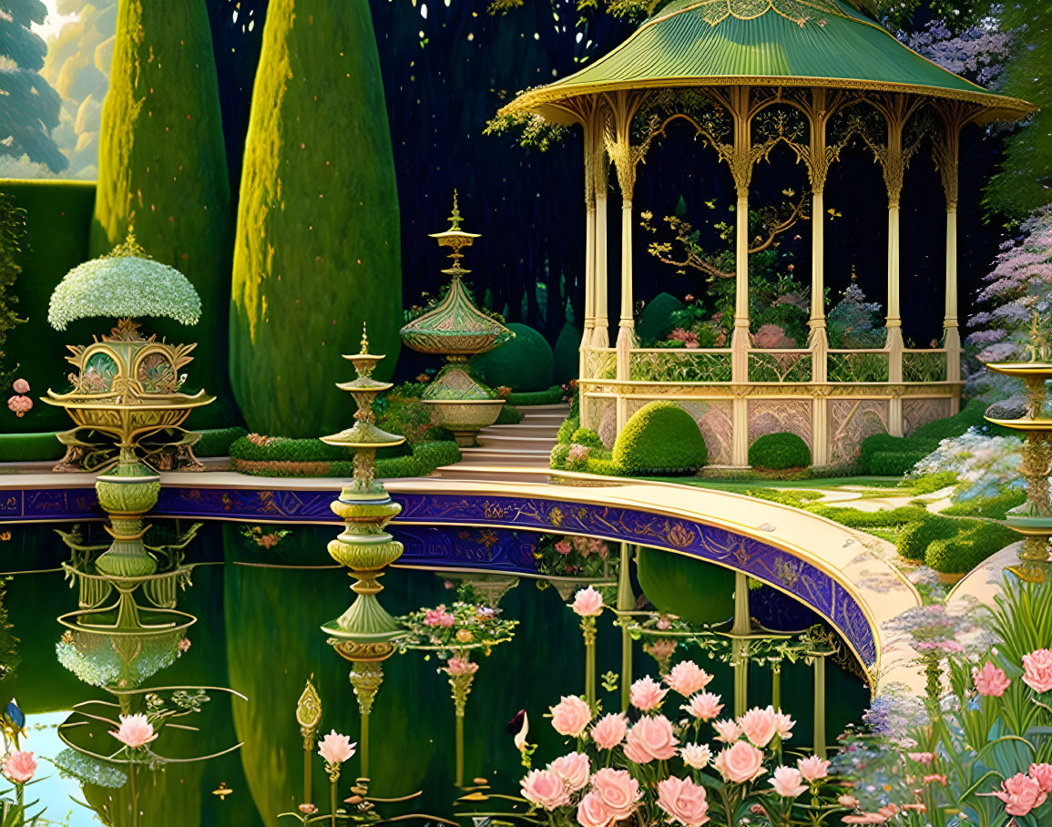 Ornate gazebo by tranquil pond with lush greenery and pink flowers