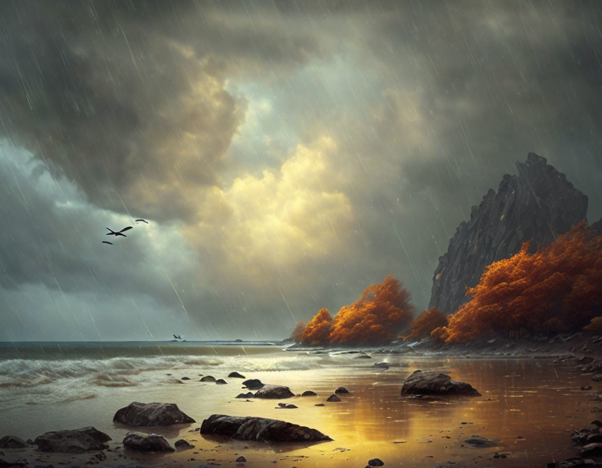 Stormy Beachscape with Autumn Trees and Birds above Rocky Shoreline
