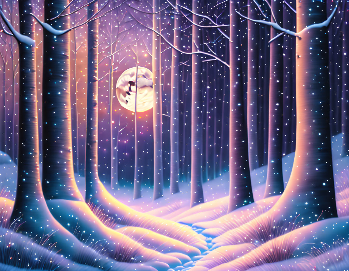 Snowy Forest at Night: Full Moon Illuminates Serene Scene