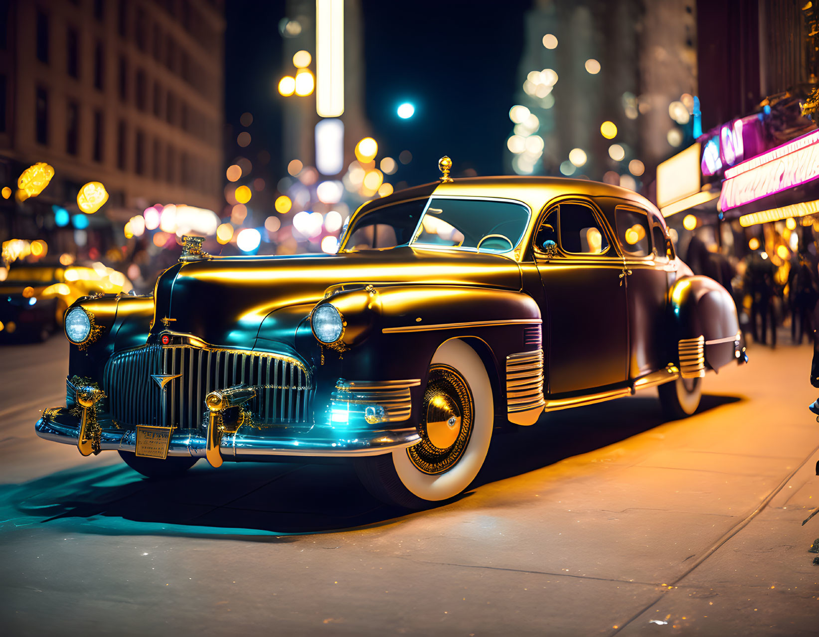Vintage car parked on city street at night under neon lights
