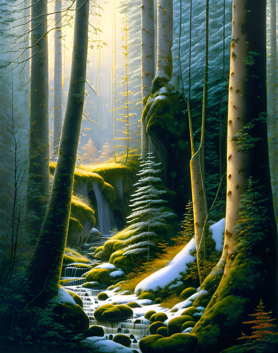 Misty forest scene with sunlight, waterfall, moss-covered rocks, and pine trees