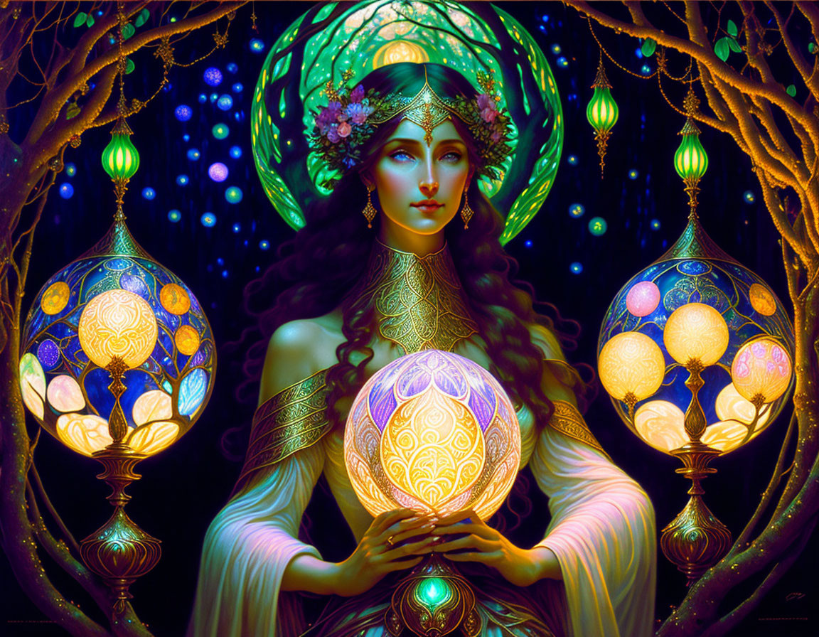Ethereal woman with glowing orb in mystical forest setting