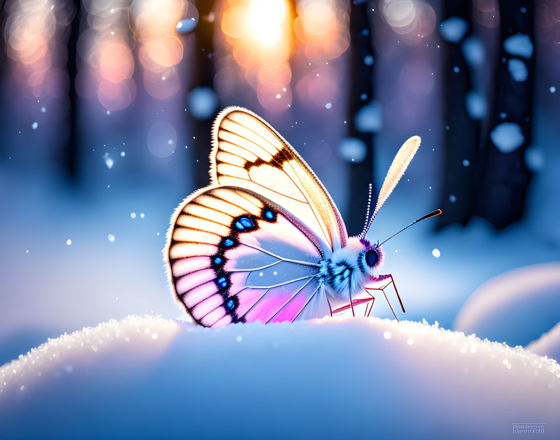 Translucent-winged butterfly on snowy surface with bokeh-lit backdrop