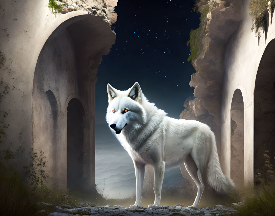 White wolf in ancient stone structure under starry night.