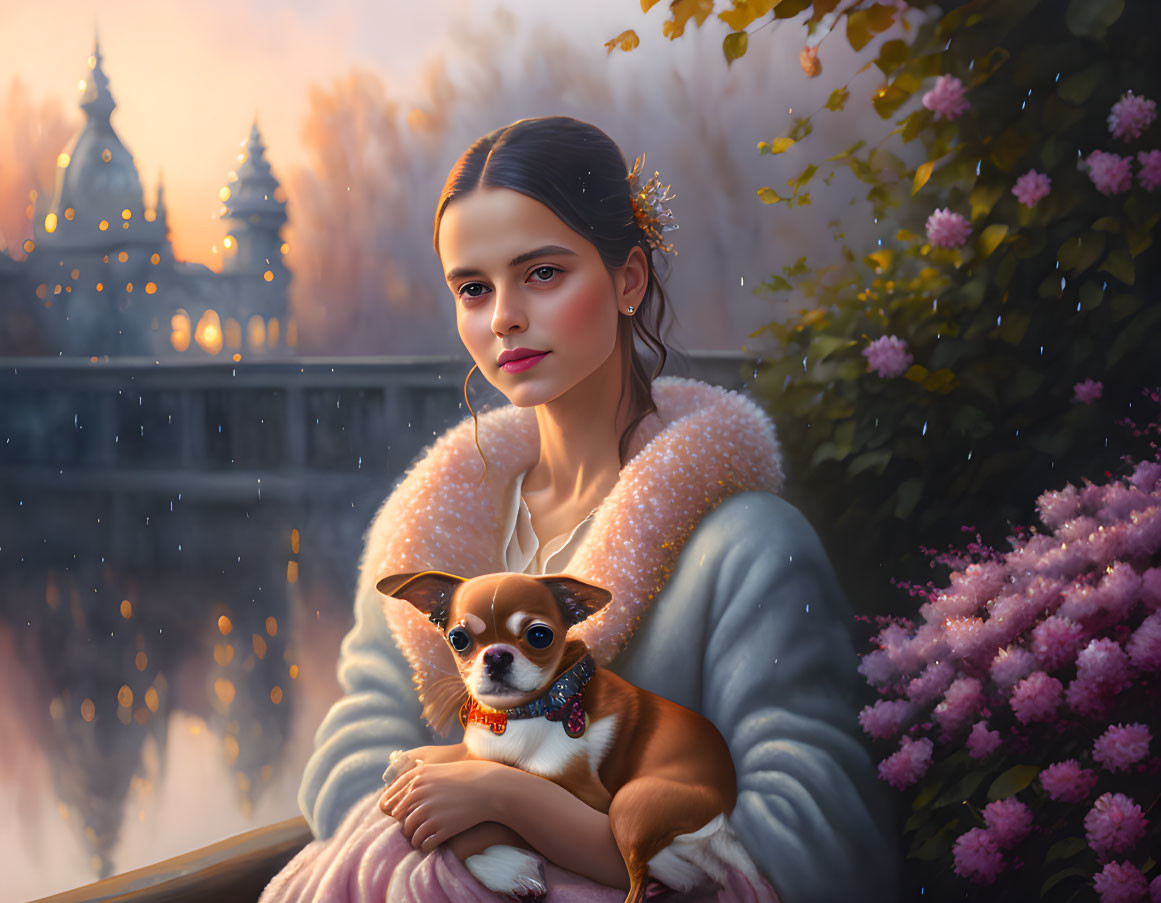 Woman with small dog by blossoming flowers, sunset, and castle-like buildings