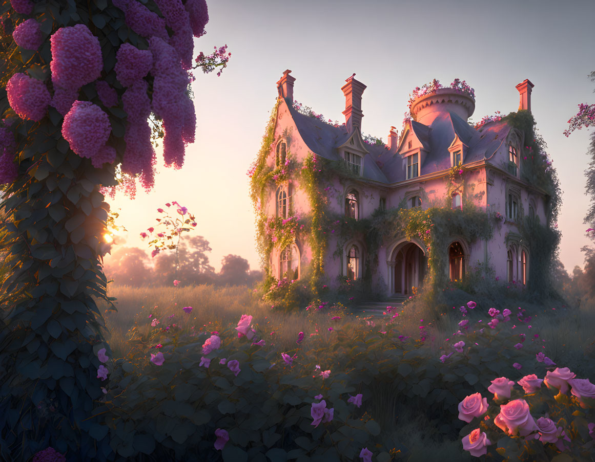 Victorian Mansion with Blooming Flowers and Lush Greenery at Sunrise