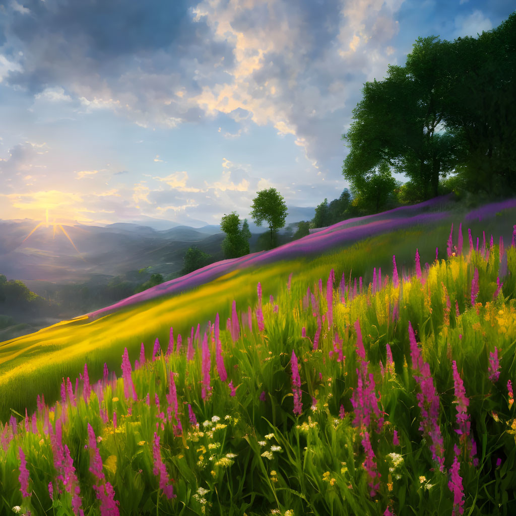Colorful Wildflowers and Sunrise in Rolling Hills Landscape